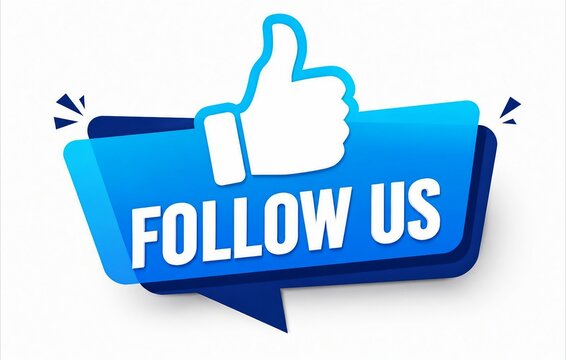 Blue follow us like button with thumbs up icon in speech bubble