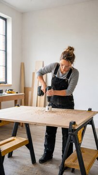 Female carpenter using a power drill on a wooden board in a bright workshop with tools and wooden planks visible in the background