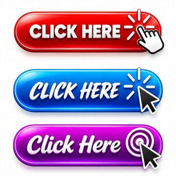 Colorful click here buttons with cursor pointer effects in capsule shape