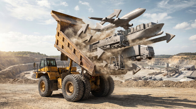 Surreal conceptual logistics image showing a massive dump truck carrying an airplane in a dusty environment.