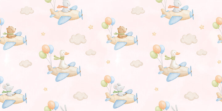 Seamless pattern with cute animals flying plane in beige clouds on pink background. Childish characters for kids. Watercolour hand drawn illustrations with balloons