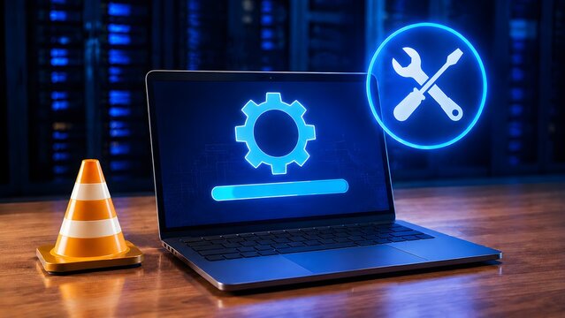 Laptop computer displaying glowing gear and progress bar with physical traffic cone representing website under construction and it system maintenance
