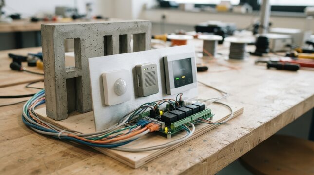 Smart building control setup with motion sensor, CO2 detector, thermostat module, relay board, and network cables on a workbench.