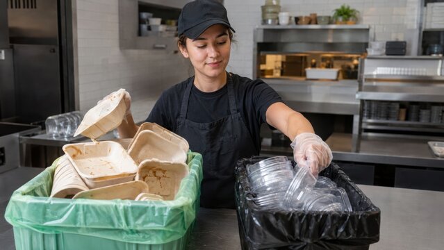 Female worker sorting compostable materials in a commercial kitchen, separating biodegradable containers from plastic ones in designated bins on a stainless steel countertop