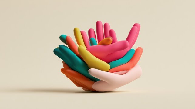 Many colorful clay hands are arranged in a bowl shape, symbolizing care, set against a cream background with room for additional text.