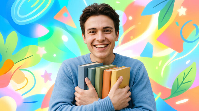Smiling young male student holding a stack of books against a bright colorful animated background, showing joy and excitement for learning, back to school concept, close-up
