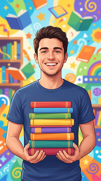 Smiling young male student holding a stack of books against a bright colorful animated background, showing joy and excitement for learning, back to school concept, close-up