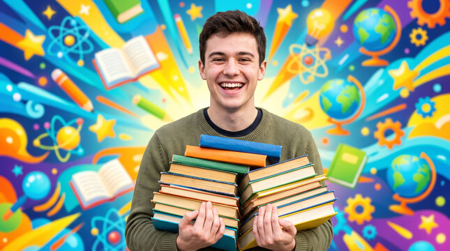 Smiling young male student holding a stack of books against a bright colorful animated background, showing joy and excitement for learning, back to school concept, close-up