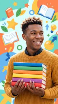 Smiling young male student holding a stack of books against a bright colorful animated background, showing joy and excitement for learning, back to school concept, close-up