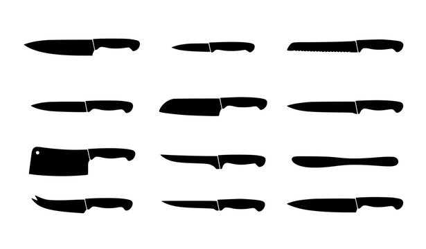 Black Kitchen Knife Silhouette Collection Flat Vector Cutlery Icons