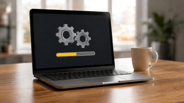 Modern laptop computer displaying system update process with gears and yellow loading bar interface on screen indicating software installation maintenance.