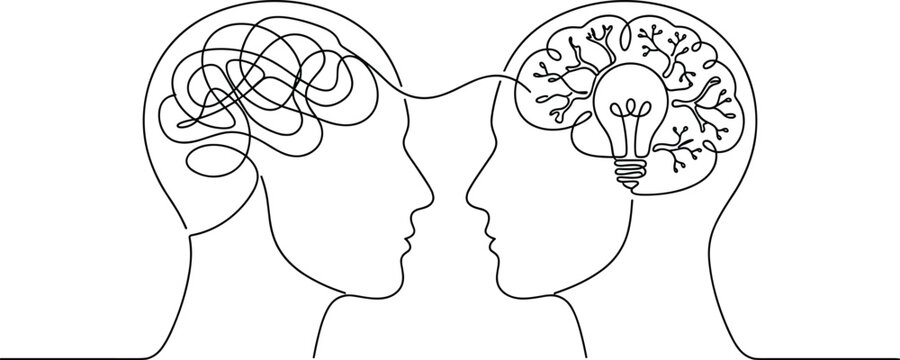 Creative Thinking and Mental Clarity Concept with Two Human Profiles and Brainstorming Line Art