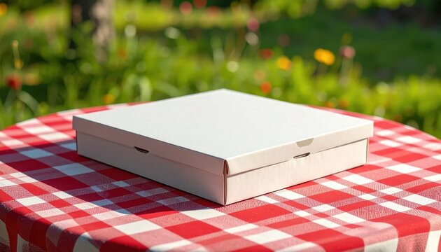 Blank square white pizza box placed on a red checkered picnic table cloth in a garden setting, delivery service packaging