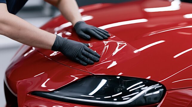 Worker in black gloves carefully applying a transparent paint protection film on the shiny red hood of a modern sport car in an auto detailing workshop