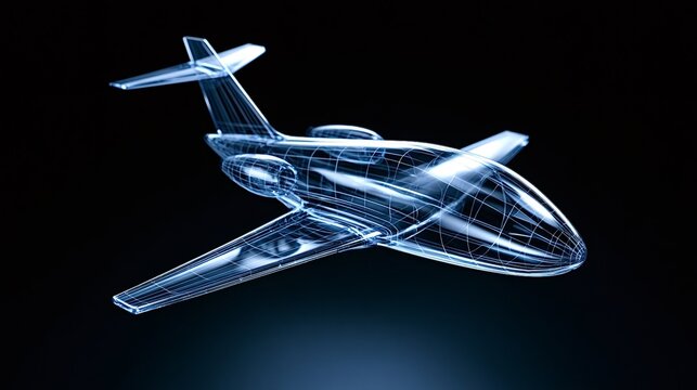 Wireframe rendering of a private jet demonstrating advanced aerospace engineering, 3d modeling, and aircraft design concepts against a dark background with blue illumination