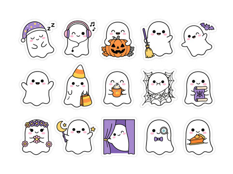 Cute Ghost Characters Halloween Vector Illustration Set