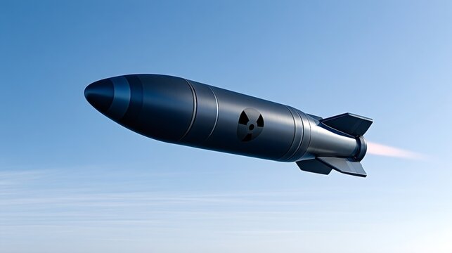 Nuclear missile with a radiation symbol launching into a clear blue sky, illustrating themes of war, conflict, destruction, global threat, and modern weaponry