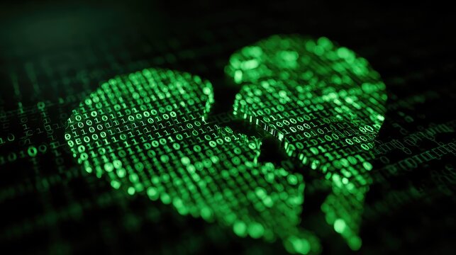 broken digital heart made of binary code symbolizing online heartbreak and data loss illustration