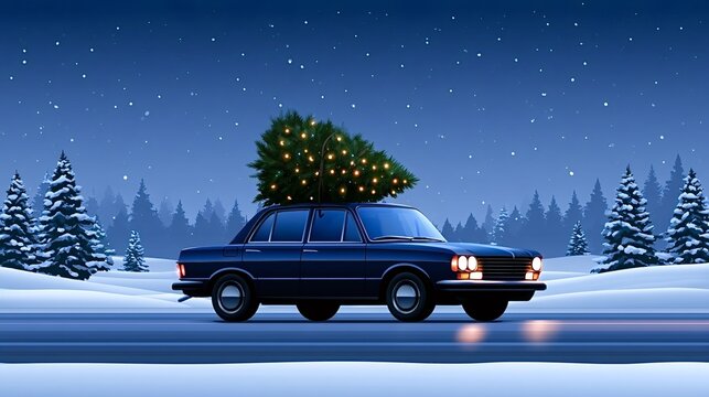 Blue vintage car transporting a festive christmas tree decorated with lights on its roof, driving along a snow covered road under a starry night sky with a winter forest landscape