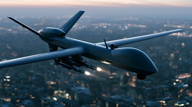 Military drone aircraft equipped with missiles flying high above a blurred city at night, representing modern warfare, surveillance, and advanced technology