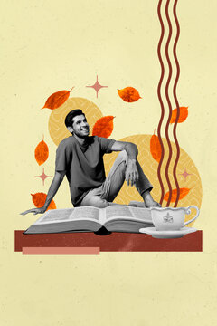 Image 3d trendy creative collage of happy bookworm man read novel open book dry foliage leaves coffee cup september month break