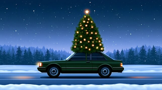 Green car traveling on a snowy road at night, carrying a decorated christmas tree with lights and a star on its roof under a starry sky, representing holiday travel and winter celebration
