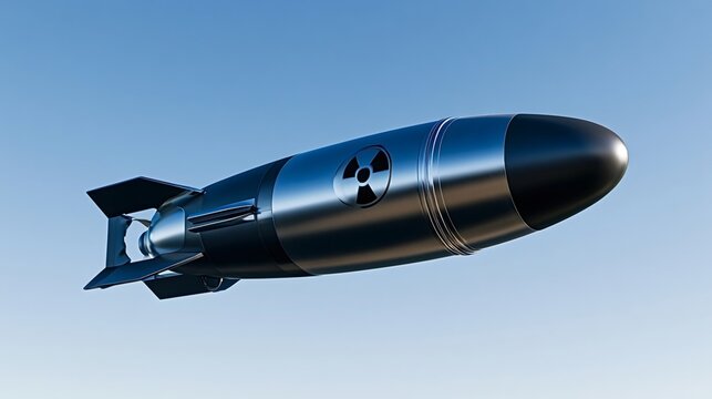 Nuclear missile or atomic bomb, featuring a prominent radiation symbol on its metallic body, flies against a clear blue sky, symbolizing global threats, war, and destruction