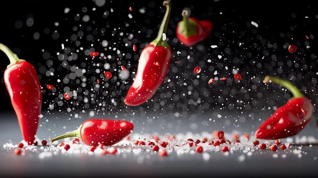 Floating red chili peppers with salt on dark background