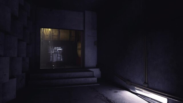 Purplelit corridor with distant reflective doorway and neon ambience moody cyberpunk tones, subtle grime, and metallic textures create futuristic reconnaissance
