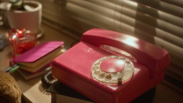 Vintage pink rotary telephone sitting on desk by window with blinds, high angle shot. Clip is perfect for retro marketing, nostalgia-themed ads, or vintage communication concepts