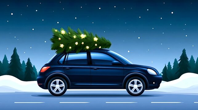 Dark blue car drives along a snowy forest road at night with a decorated christmas tree tied to its roof, headlights cutting through pine trees under a starry sky
