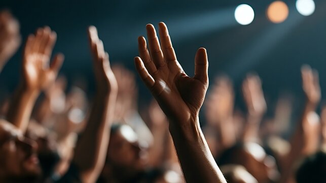 Crowd with raised hands at a concert or worship service, silhouetted under stage lights, expressing enthusiasm, devotion and communal energy in a dark venue