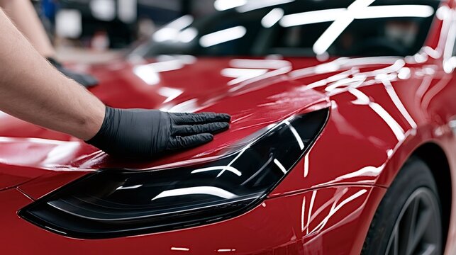 Professional car detailer applying a clear protective film on the red paintwork of a luxury vehicle, ensuring long lasting surface protection and a flawless finish