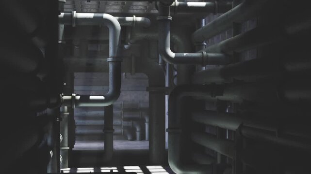 Shadowed pipe nexus with vertical racks and layered conduits, dense grid of metal tubing, cold steel finish, atmospheric lowkey lighting, industrial film noir