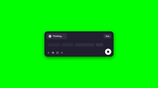 Animated ai chat interface with thinking status indicator and prompt input elements on a green screen chroma key background.