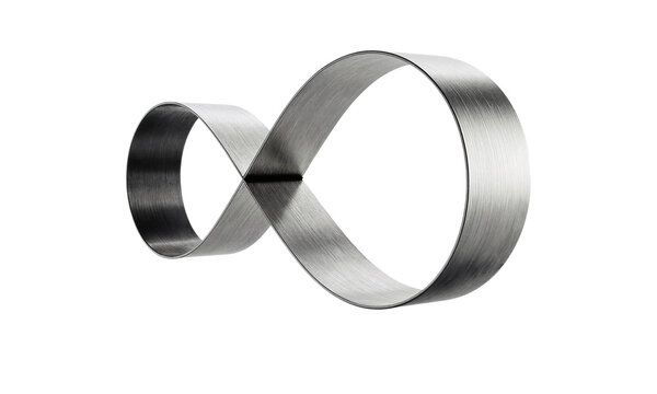Infinity Symbol, Eternity, Loop. A sleek infinity symbol, crafted from a single, continuous band of brushed aluminum, floats horizontally above
