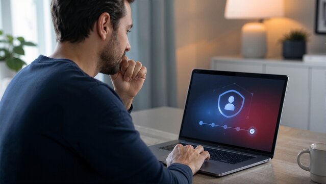 Man recovering compromised social account on laptop. User looking at security shield icon and progress bar on computer screen. Personal data protection at home