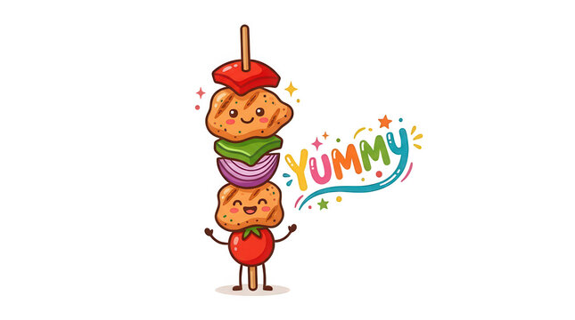 Cute cartoon kebab skewer with happy face isolated on transparent background, fun food character illustration for summer barbecue menu design and kids party