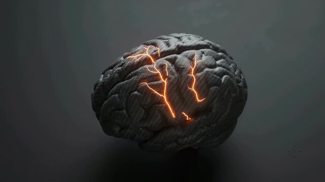 Abstract conceptual video of a human brain with glowing orange energy cracks on a dark background.