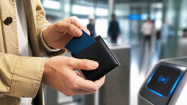 Close-up of hands pulling blue credit card from black wallet. Contactless payment terminal in background for fraud awareness concept