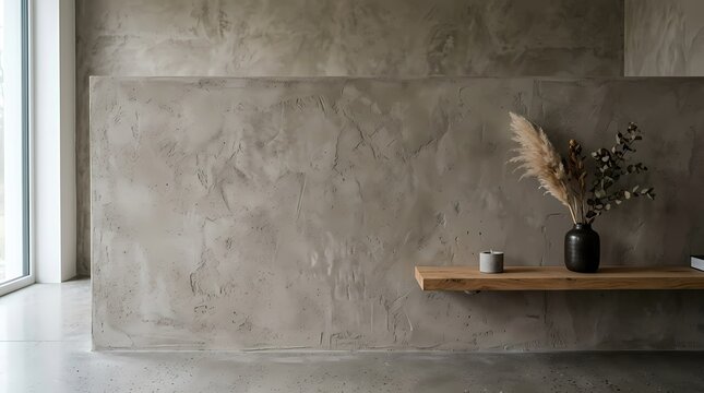 Minimalist textured concrete wall featuring floating wooden shelf with black vase and dried pampas grass in stylish modern wabi sabi interior architecture design