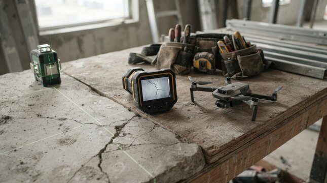 AI construction defect detection with thermal camera, inspection drone, laser level, cracked concrete slab, and tool belt on a dusty workbench