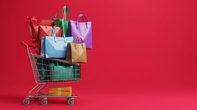Shopping Cart Filled with Colorful Bags on Red Background