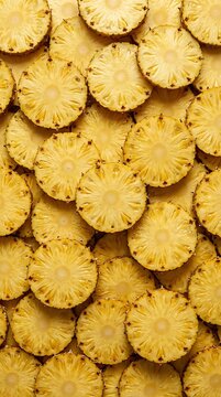 freshly sliced pineapples densely arranged across the entire frame