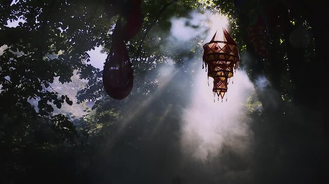 Elektronisches Festival mit Nebel, Sonnenstrahlen und kreativer Baumdekoration