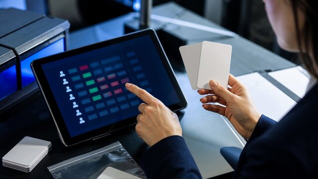Security administrator conducting employee access privilege audit on a tablet. Person holding blank white keycards while managing user authorization dashboard