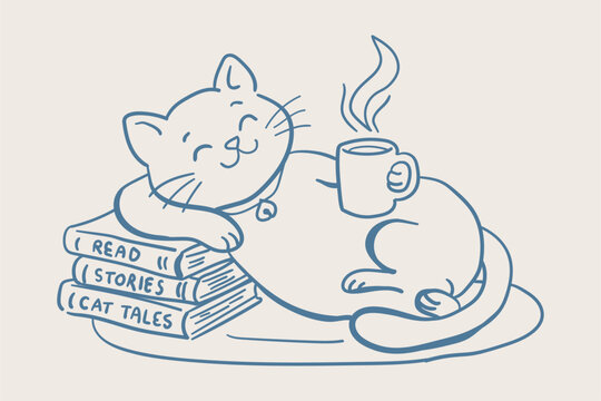 Cute cartoon cat relaxing on a stack of books with a steaming cup of coffee or tea