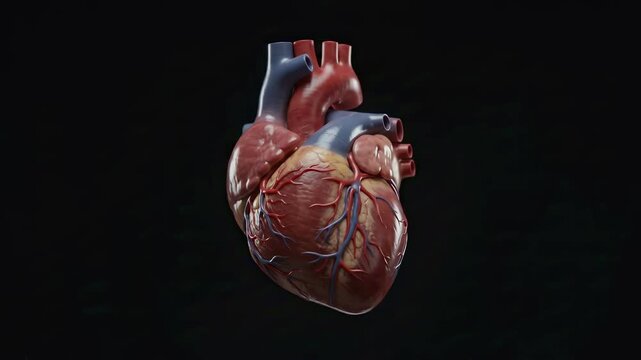 A detailed 3D anatomical model of a human heart floating against a solid black background, showcasing intricate arteries and veins.