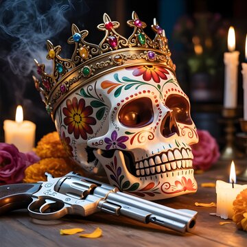 Cr&aacute;neo de az&uacute;car con corona dorada, rev&oacute;lver, humo y velas en altar para el D&iacute;a de los Muertos