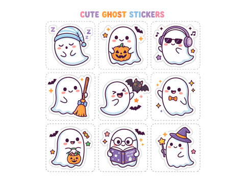 Cute Ghost Stickers Halloween Vector Illustration
